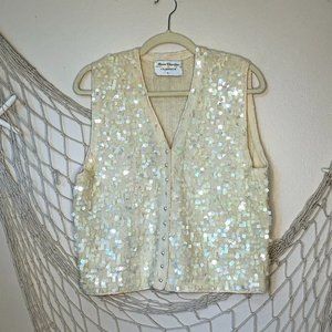 Vintage MARISA CHRISTINA Cream Lambswool & Angora Rabbit Hair Knit Sequin Vest L